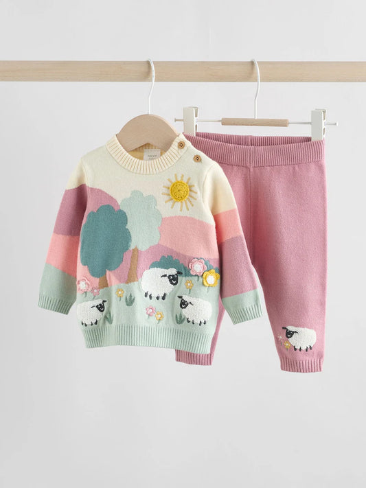 NEXT - NCNVB-Girls Sets-Pink-Sheep Scene Baby Knitted Jumper and Leggings