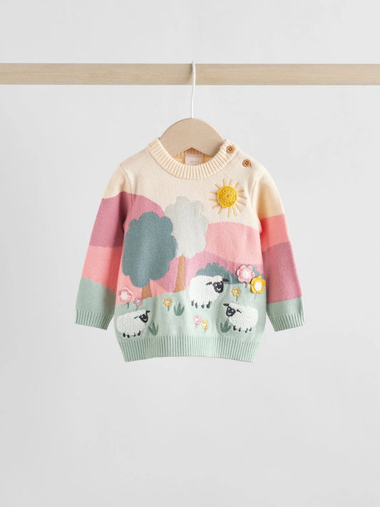 NEXT - NCNVB-Girls Sets-Pink-Sheep Scene Baby Knitted Jumper and Leggings