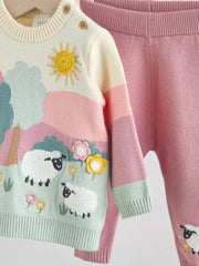 NEXT - NCNVB-Girls Sets-Pink-Sheep Scene Baby Knitted Jumper and Leggings