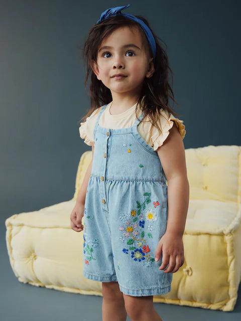 NEXT - Mid Blue Floral Embroidered Denim Playsuit and T-Shirt (3mths-7yrs)