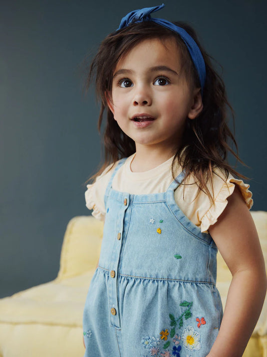 NEXT - Mid Blue Floral Embroidered Denim Playsuit and T-Shirt (3mths-7yrs)