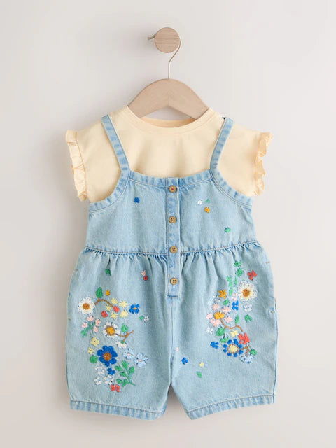 NEXT - Mid Blue Floral Embroidered Denim Playsuit and T-Shirt (3mths-7yrs)