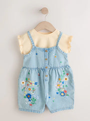 NEXT - Mid Blue Floral Embroidered Denim Playsuit and T-Shirt (3mths-7yrs)