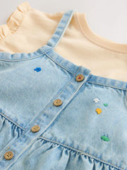 NEXT - Mid Blue Floral Embroidered Denim Playsuit and T-Shirt (3mths-7yrs)
