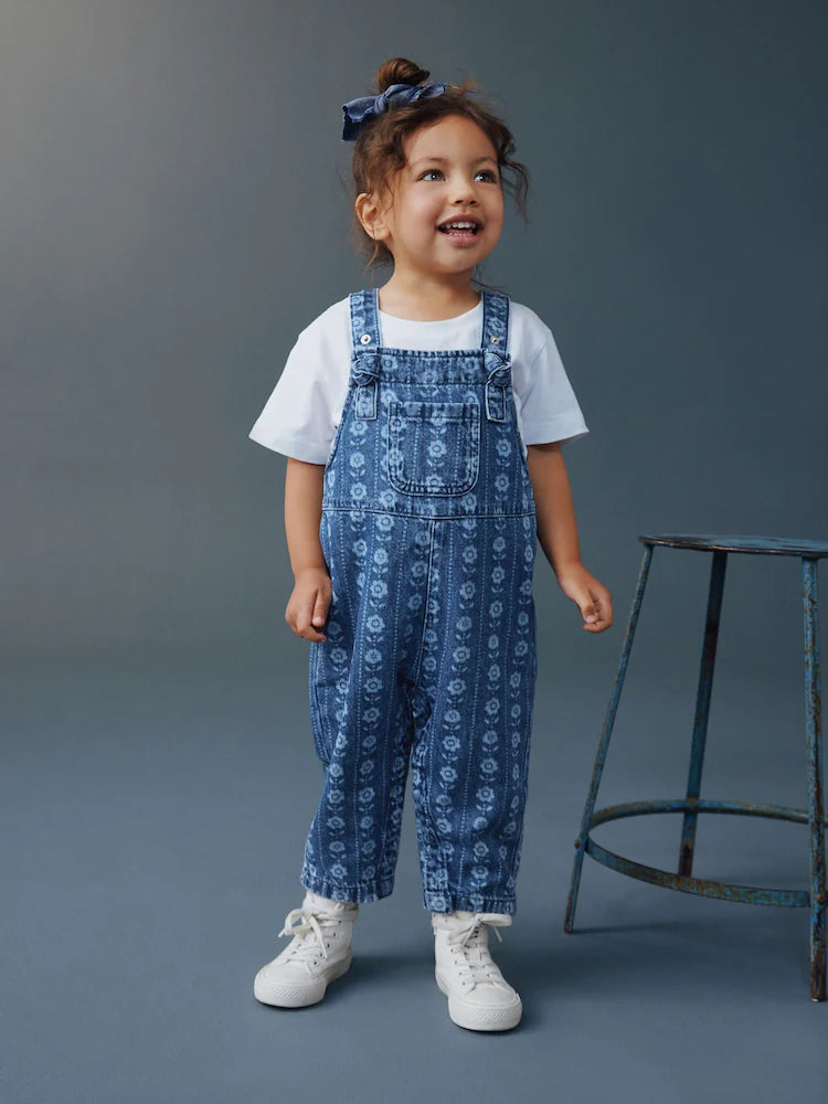 Mid Blue Floral Print Dungarees