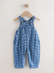 Mid Blue Floral Print Dungarees