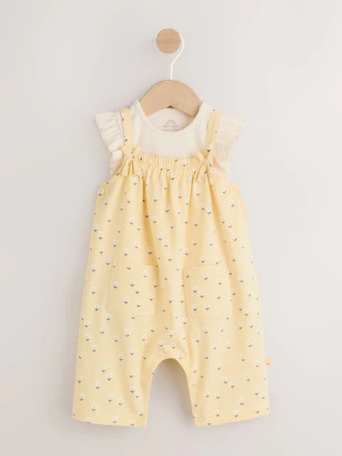 NEXT - Yellow Ditsy Baby Jersey Dungarees and Bodysuits Set 2 Piece (0mths-3yrs)