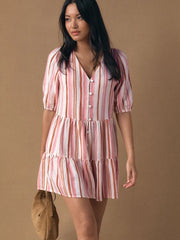 Pink/Orange Washed Stripe Short Sleeve Button Through Tiered Mini Dress with Linen