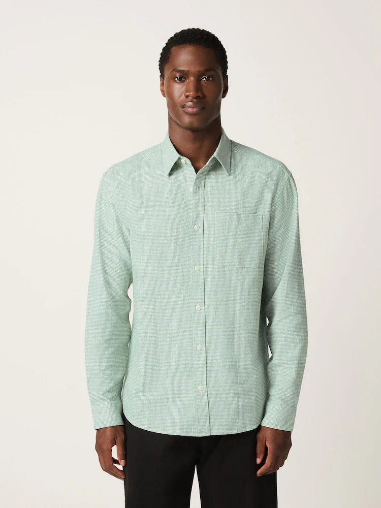 Green Standard Collar Cotton Linen Blend Long Sleeve Shirt