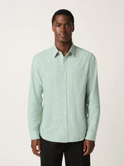 Green Standard Collar Cotton Linen Blend Long Sleeve Shirt