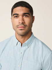 Light Blue Standard Collar Cotton Linen Blend Long Sleeve Shirt
