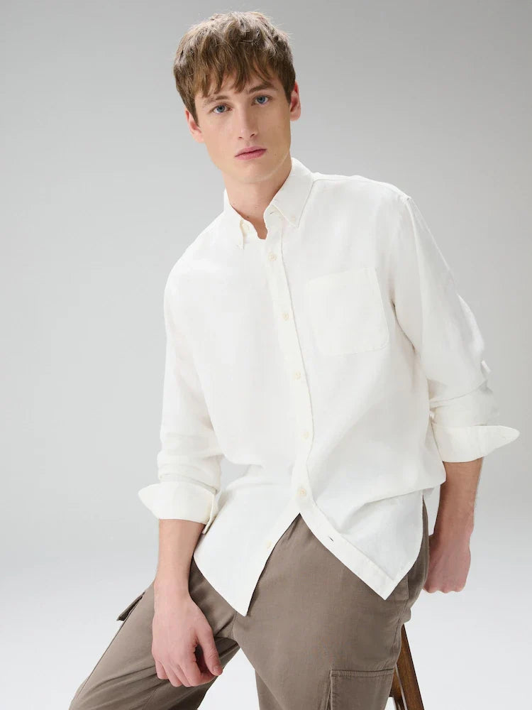 White Button Down Collar Cotton Linen Blend Long Sleeve Shirt