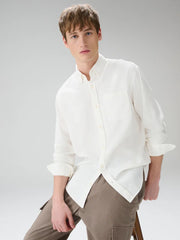 White Button Down Collar Cotton Linen Blend Long Sleeve Shirt