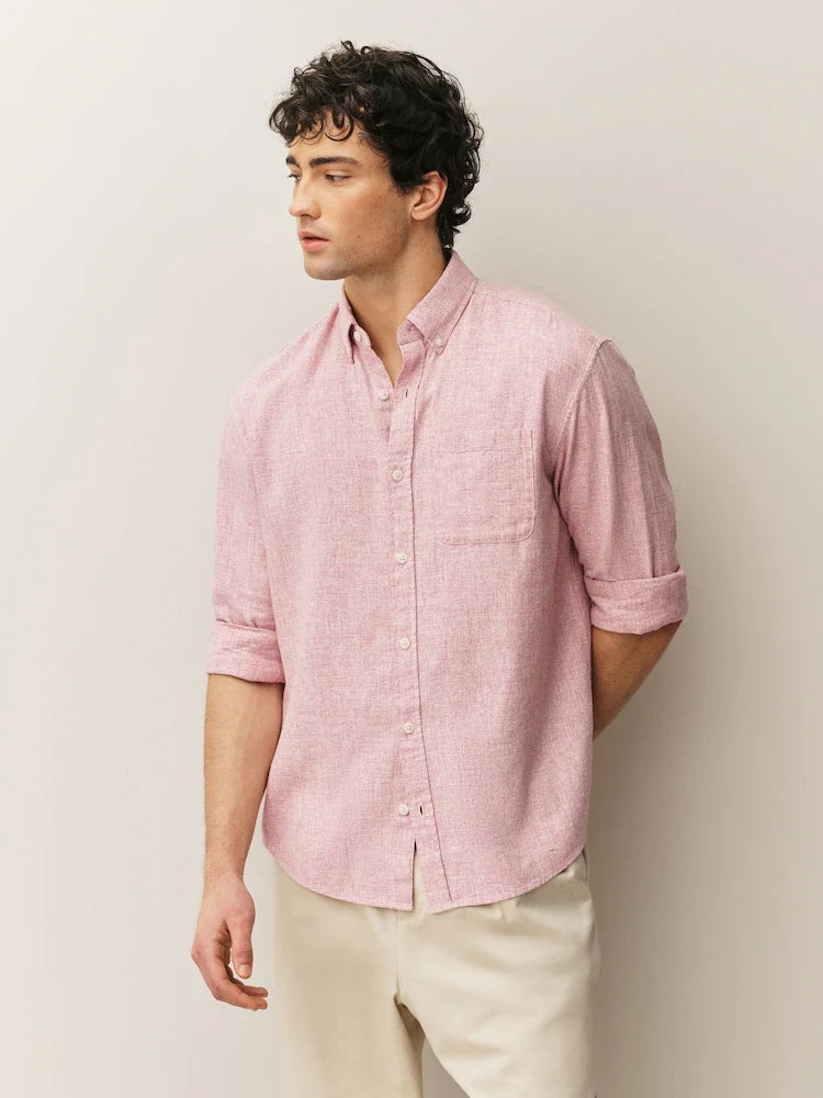 Pink Standard Collar Cotton Linen Blend Long Sleeve Shirt