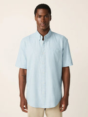 Blue Standard Collar Cotton Linen Blend Short Sleeve Shirt