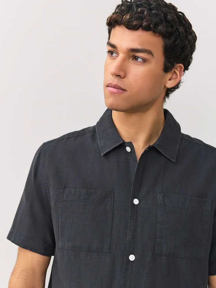 Black N.Premium Linen Tencel Blend Short Sleeve Shirt
