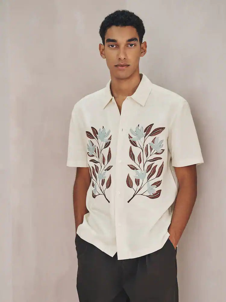 Neutral N.Premium Linen Tencel Blend Floral Print Short Sleeve Shirt