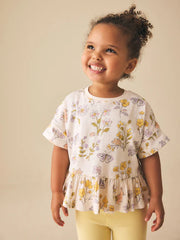 Ecru White Floral Short Sleeve Peplum T-Shirt