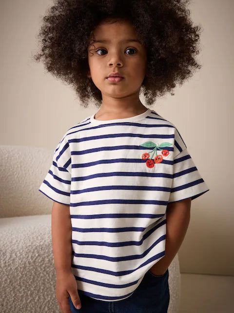 Ecru/Navy Stripe Cherry Short Sleeve Embroidered T-Shirt