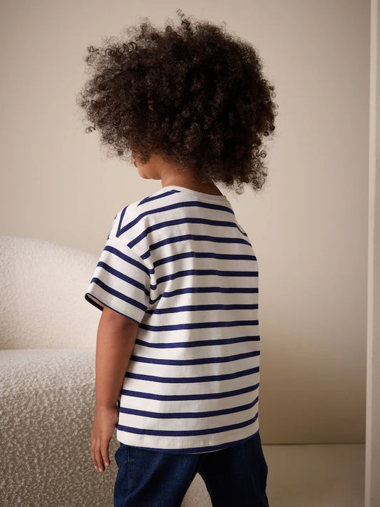 Ecru/Navy Stripe Cherry Short Sleeve Embroidered T-Shirt