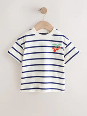 Ecru/Navy Stripe Cherry Short Sleeve Embroidered T-Shirt