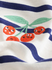 Ecru/Navy Stripe Cherry Short Sleeve Embroidered T-Shirt