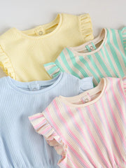 Multi Pastel Stripe Frill Shoulder Baby Rompers 4 Pack