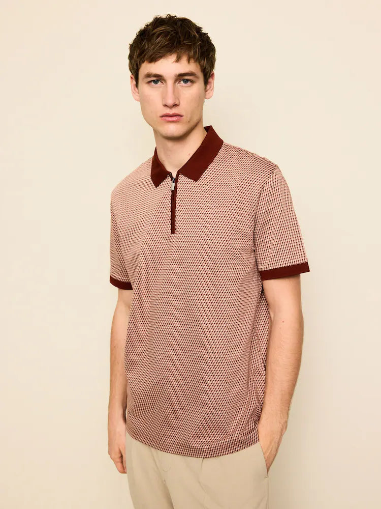 Burgundy Geo Pattern Quarter Zip Polo Shirt