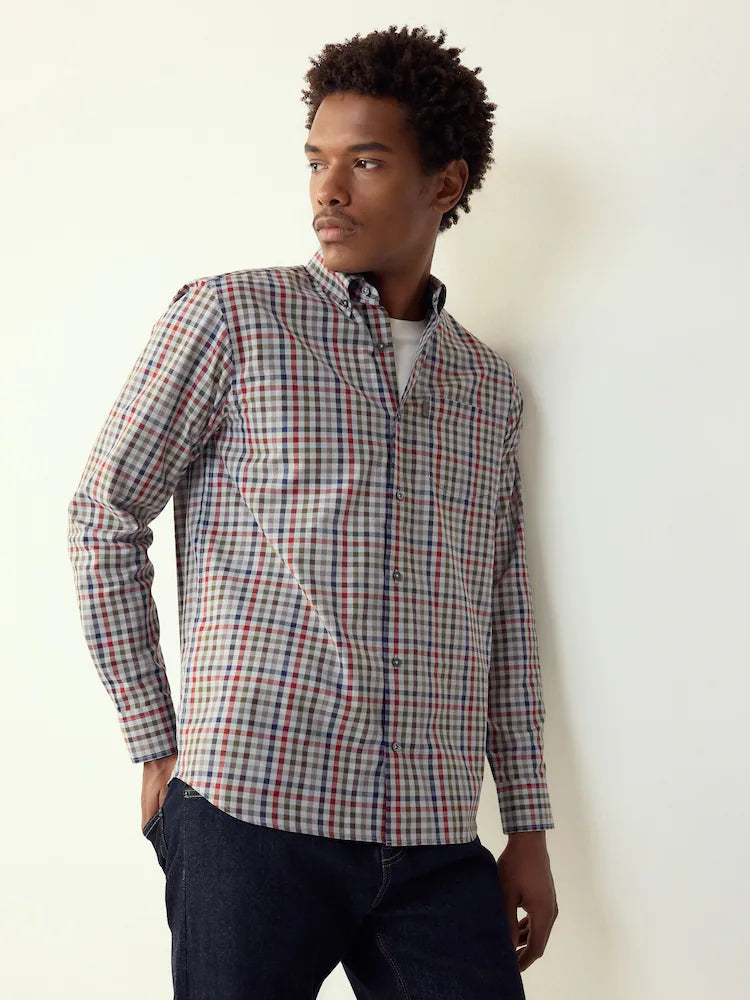 Grey/Multi Colour Gingham Regular Fit Easy Iron Button Down Oxford Shirt