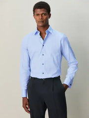 Blue Slim Fit 100% Cotton Textured Long Sleeve Formal Shirt with Trim