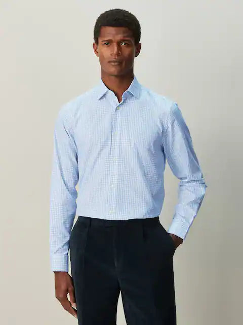 Light Blue Gingham Regular Fit Cotton Rich Long Sleeve Formal Shirt