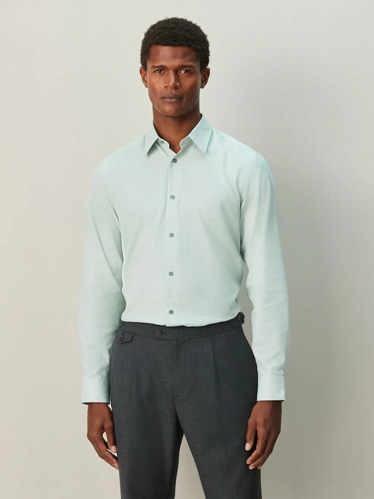 Sage Green Regular Fit Cotton Textured Slim Fit Long Sleeve Formal Shirt With Trim