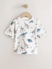 NEXT - White Watercolour Dinosaurs Short Sleeve All-Over Print T-Shirt (3 Month-7 Years)
