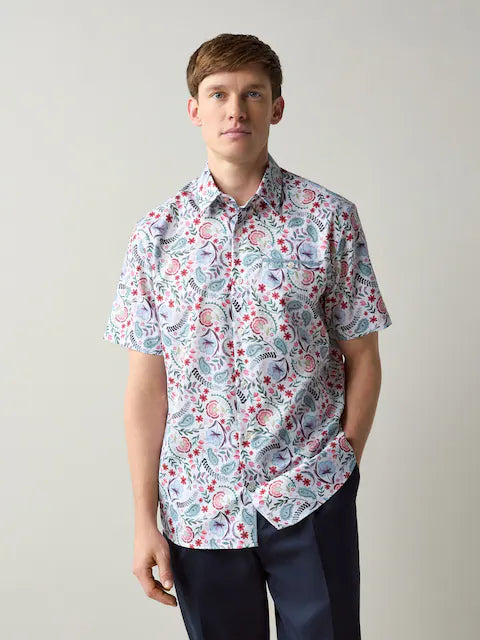 Multi Colour Jacobean Floral Regular Fit 100% Cotton Short Sleeve Print Shirt with Trim