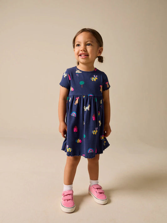 Navy Pets Short Sleeve Ribbed Dress (3mths-7yrs)