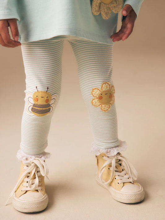 Green/Ecru Stripe Bee Embellished Leggings