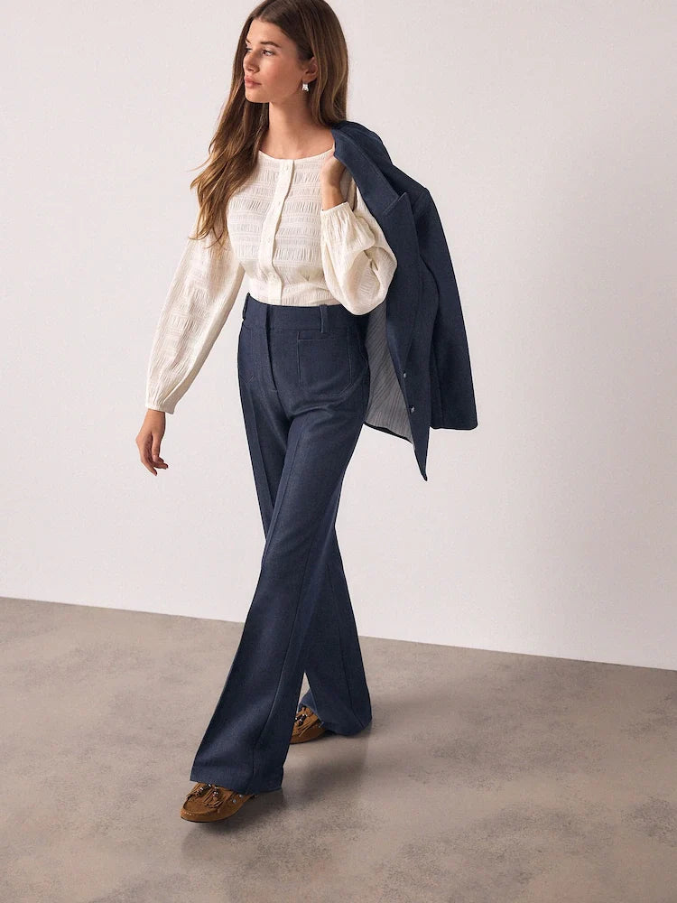 Navy Blue Denim Look Slim Flare Trousers