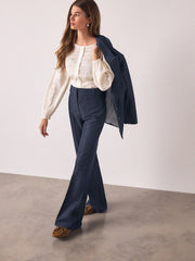 Navy Blue Denim Look Slim Flare Trousers