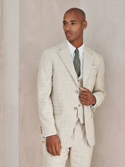 Neutral Regular Fit Check Cotton Linen Blend Suit Trousers