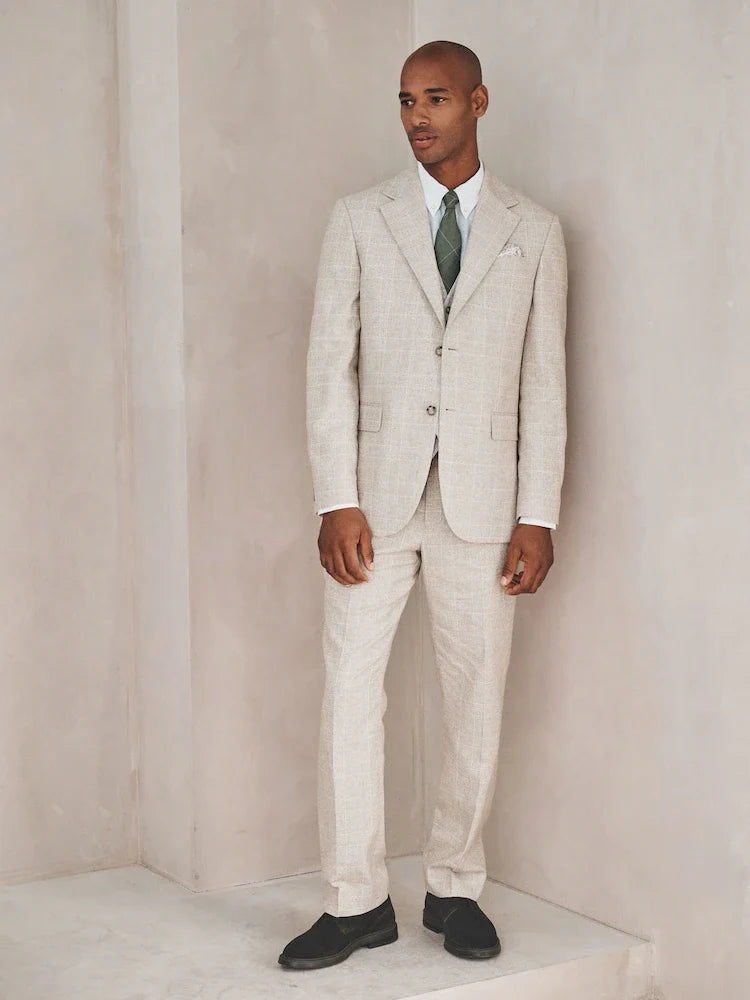 Neutral Regular Fit Check Cotton Linen Blend Suit Trousers