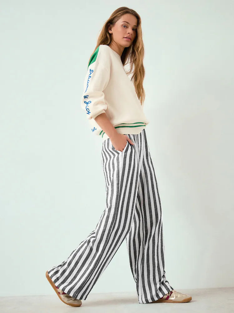 Grey/White Stripe Pull On Wide Leg Trousers with Linen