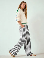 Grey/White Stripe Pull On Wide Leg Trousers with Linen