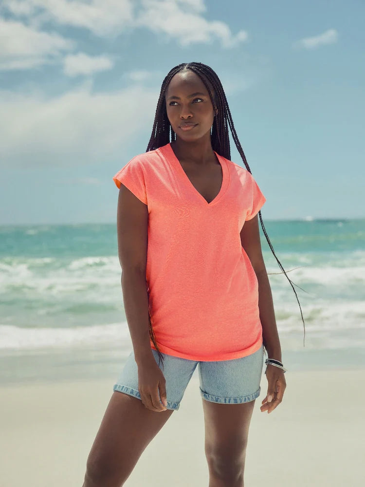 Coral Pink V-Neck Cap Sleeve T-Shirt