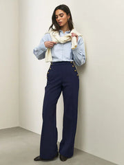 Navy Blue Ponte Wide Leg Trousers With Gold Button Detailing