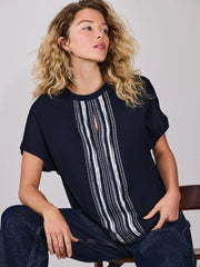 Navy Blue/Ecru Short Sleeve Keyhole Crew Neck Top