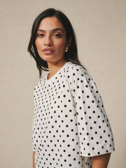 White/Black Polka Dot Relaxed Boxy Elbow Length Crew Neck T-Shirt