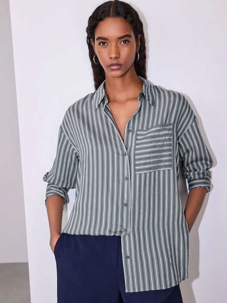 Slate Grey/White Jacquard Stripe Oversized Long Sleeve Shirt