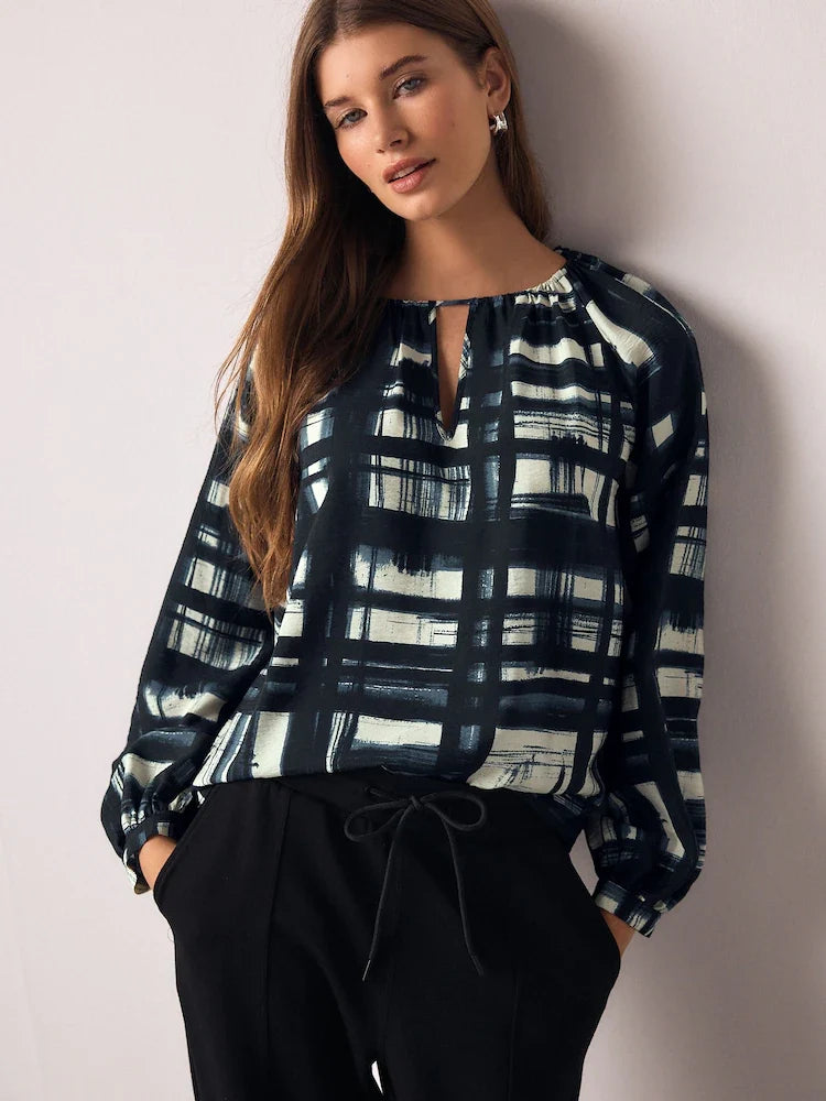 Navy Blue/Ecru Check Keyhole Detail Relaxed Long Sleeve Blouse