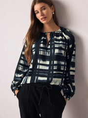 Navy Blue/Ecru Check Keyhole Detail Relaxed Long Sleeve Blouse