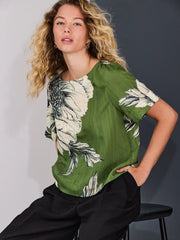 Green Floral Print Short Sleeve Boxy Top